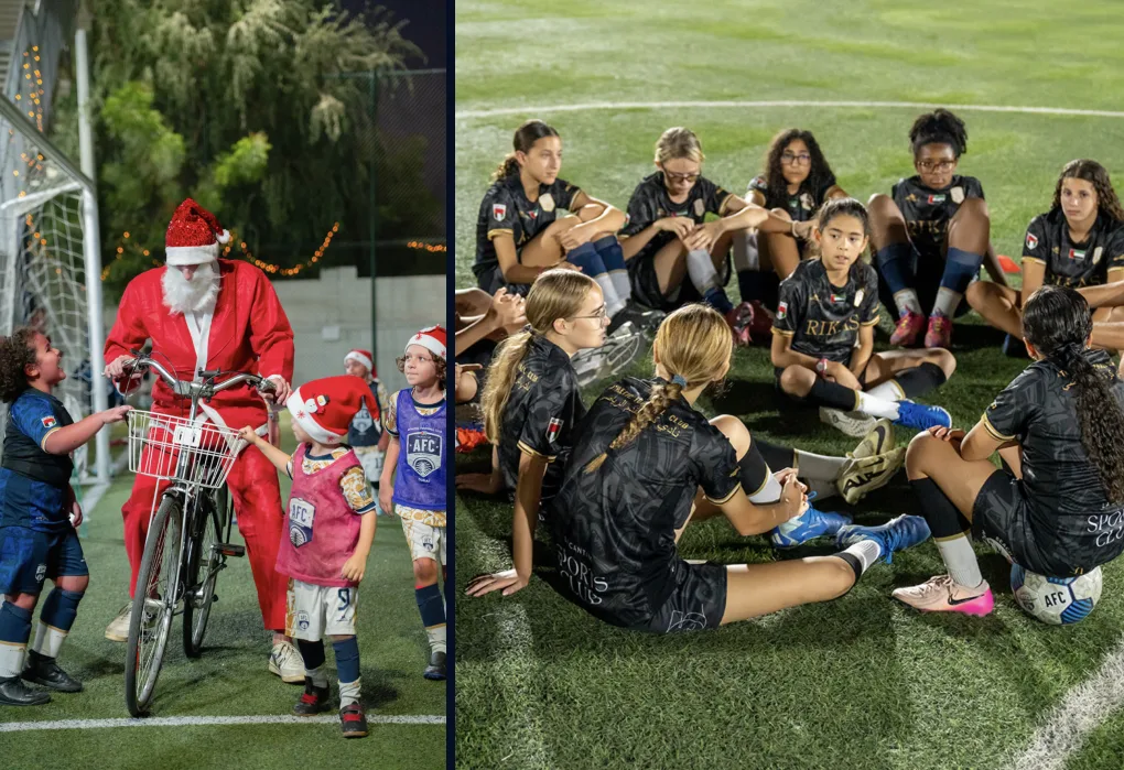 Father Christmas arriving on a bicycle, and a squad sitting together on the pitch