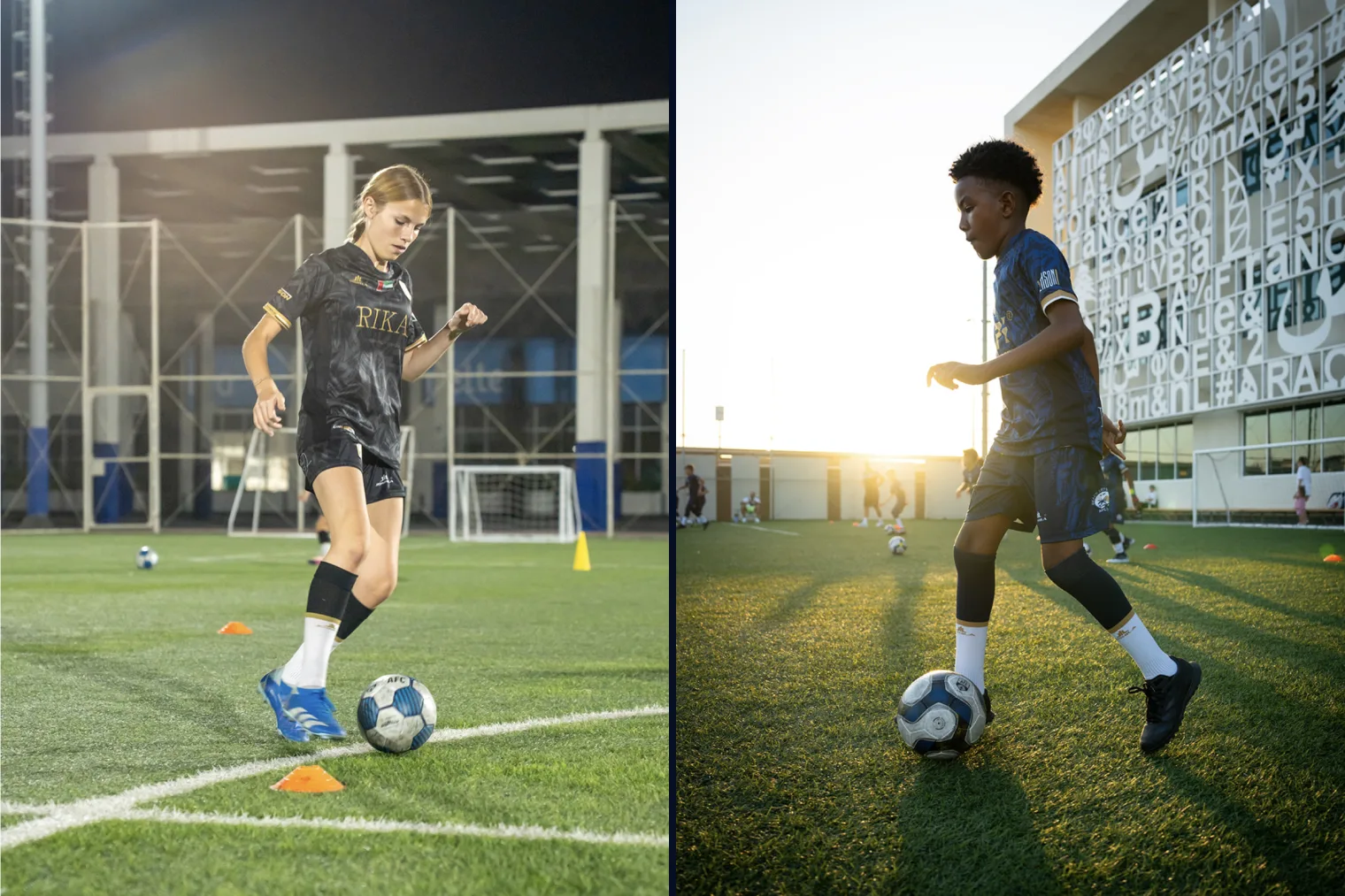 Two AFC players working the ball, one under the covered pitch and one in the evening sun